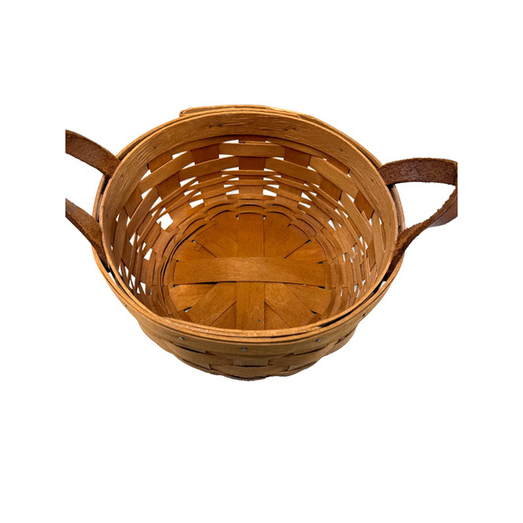 1990 Longaberger Button Basket w/2 Leather Handles 7"RD x 3"H - Picture 2 of 3